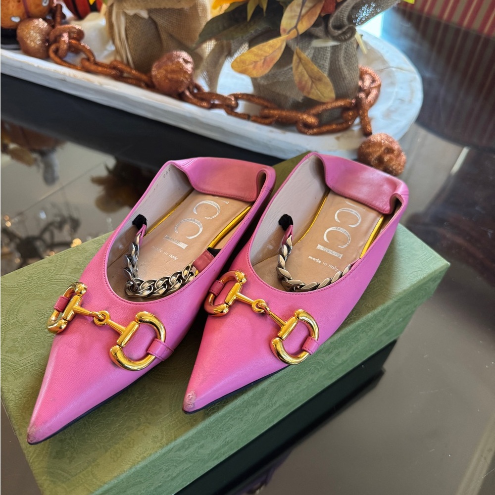 Gucci Deva Horsebit Chain Pointed Ballerina Flats Size 37